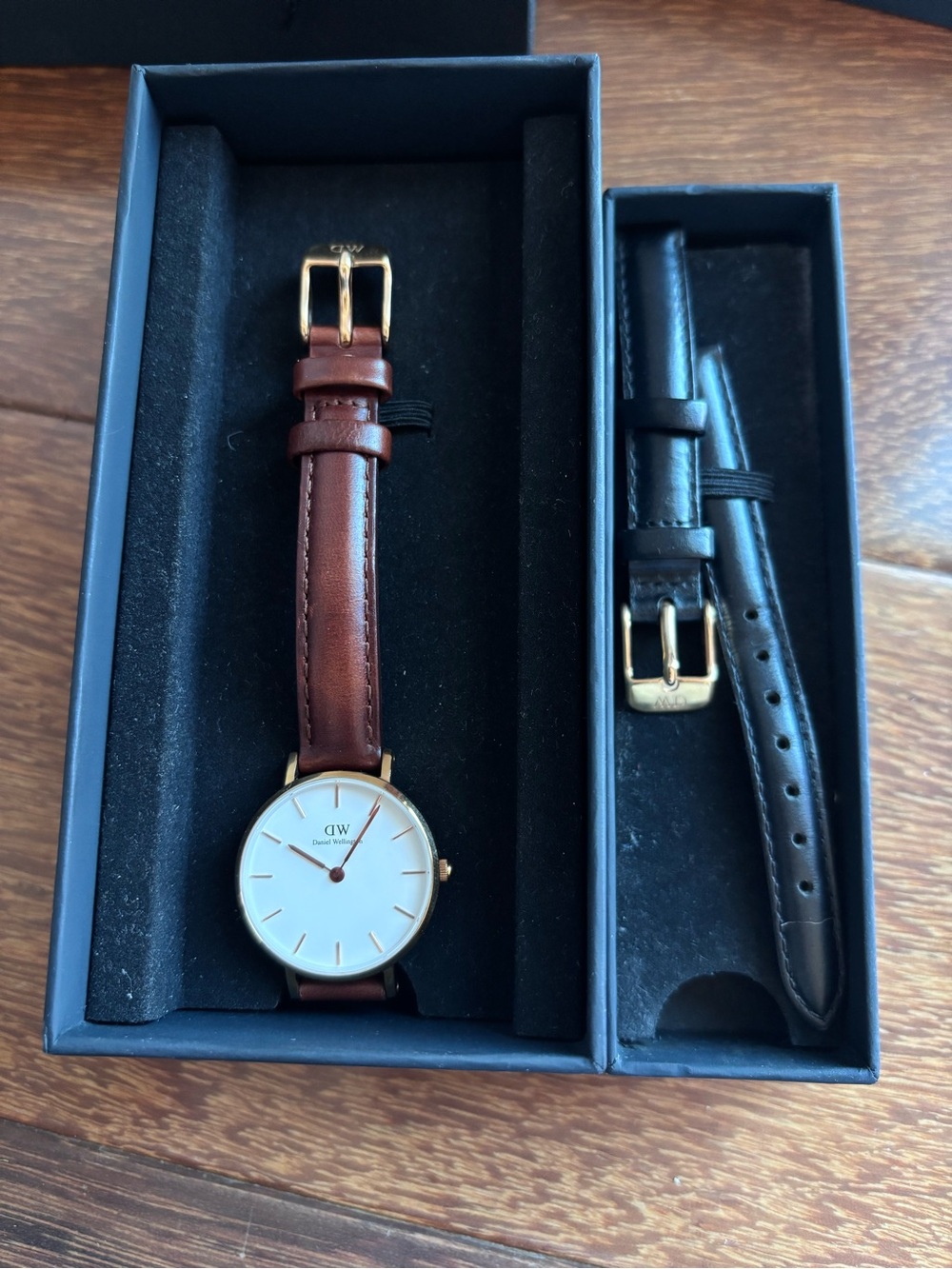 Daniel Wellington Gold Case Watch with Brown Strap and Black Extra Strap